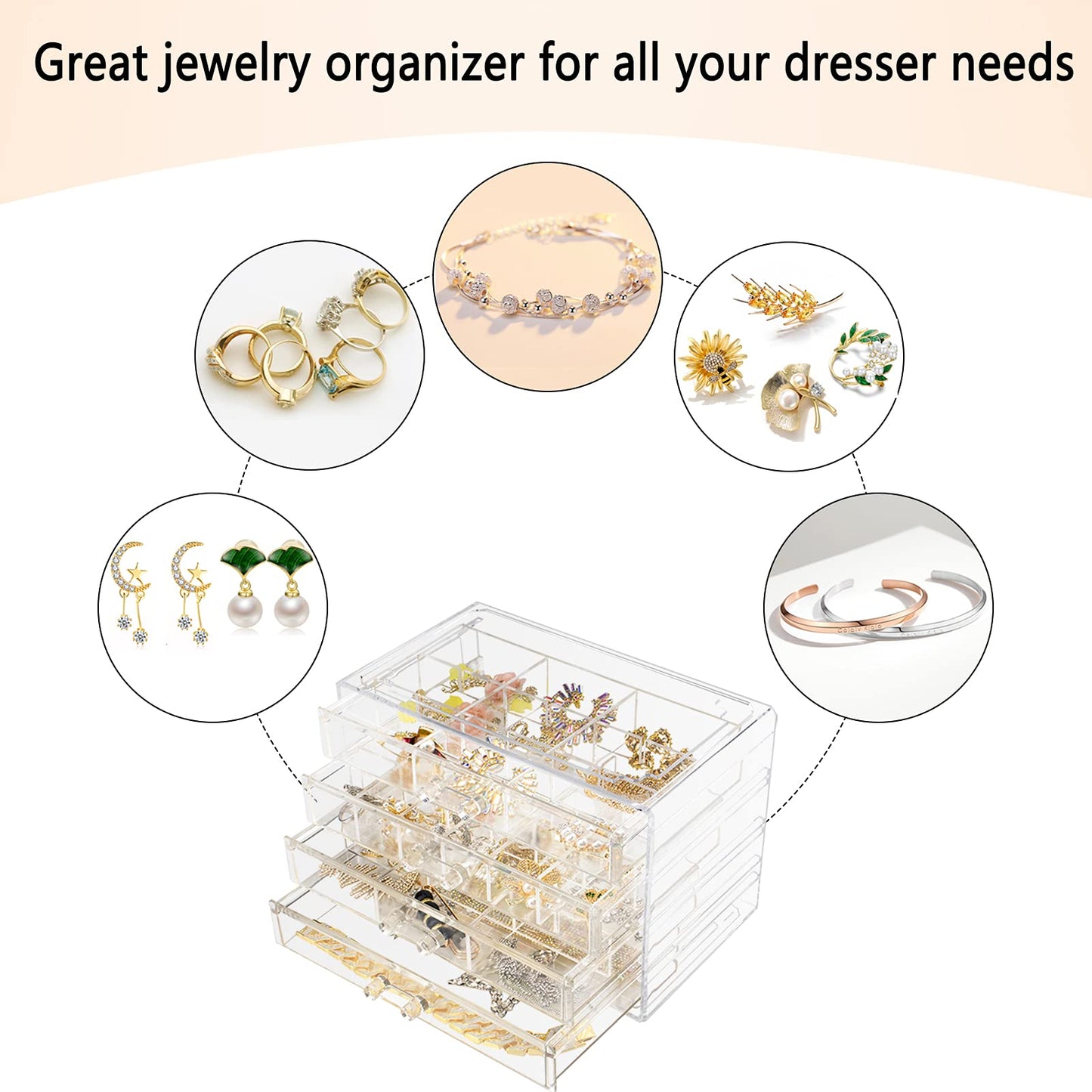 Weiai Clear Acrylic Jewelry Organizer Box 72 Adjustable Grids for Earrings Rings
