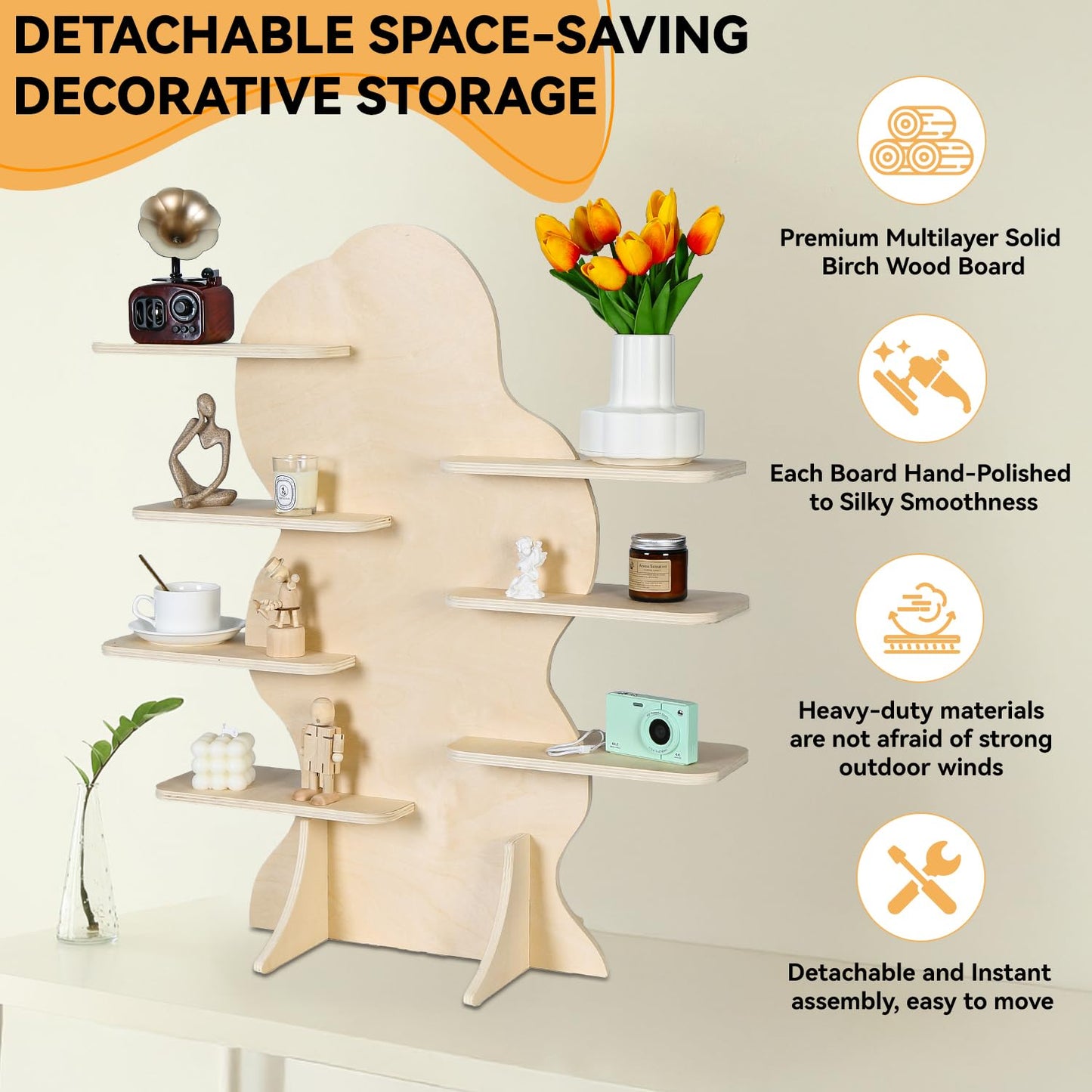 7-Tier Candle Display Shelf Stand for Vendor Booth Craft Show, 31inch Tall Portable Detachable Natural Birch Wood Retail Riser Stand, Upscale Display Riser Rack（Cloud-Shaped）