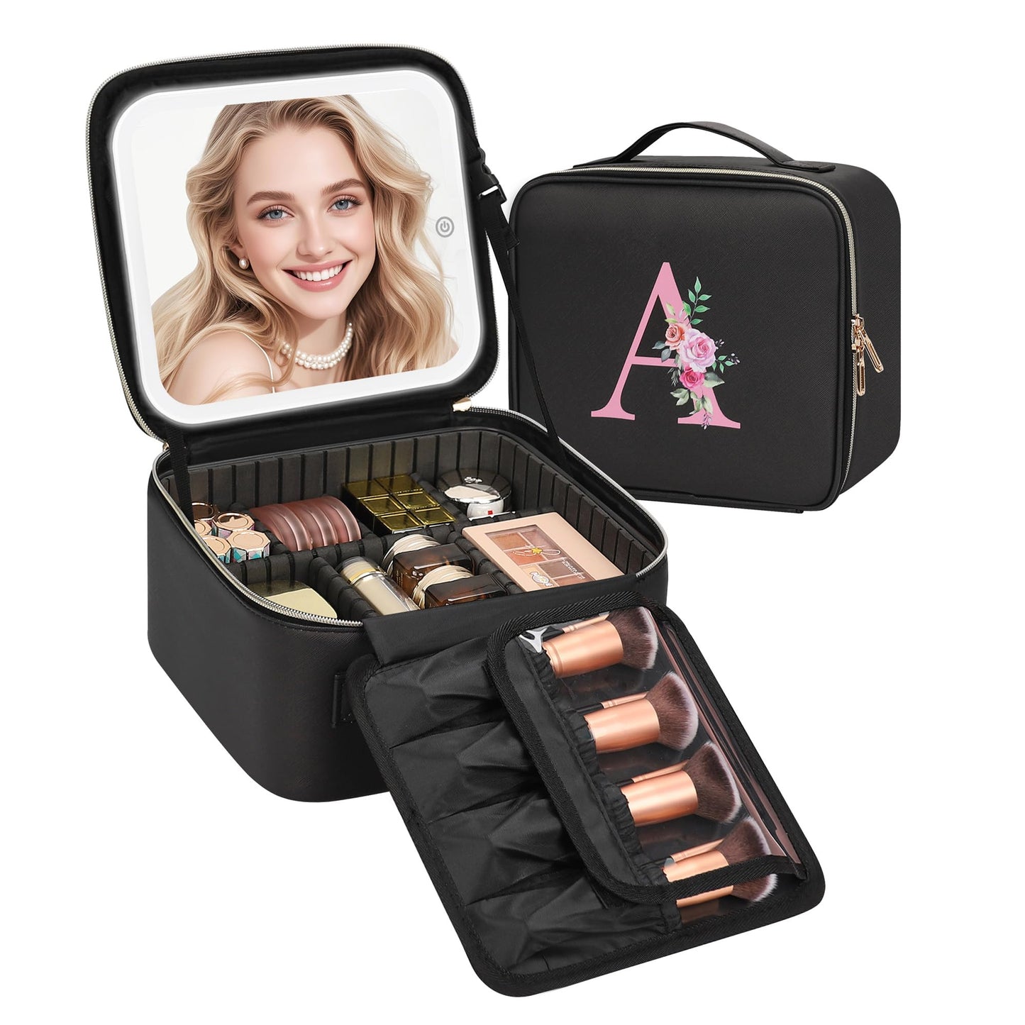 Relavel Initial Makeup Bag with LED Mirror for Women, Personalized Travel Cosmetic Organizer Train Case, Birthday Gifts for Teens Girls Grandkids Graduation Teacher Friends, Trendy Stuff, Black A