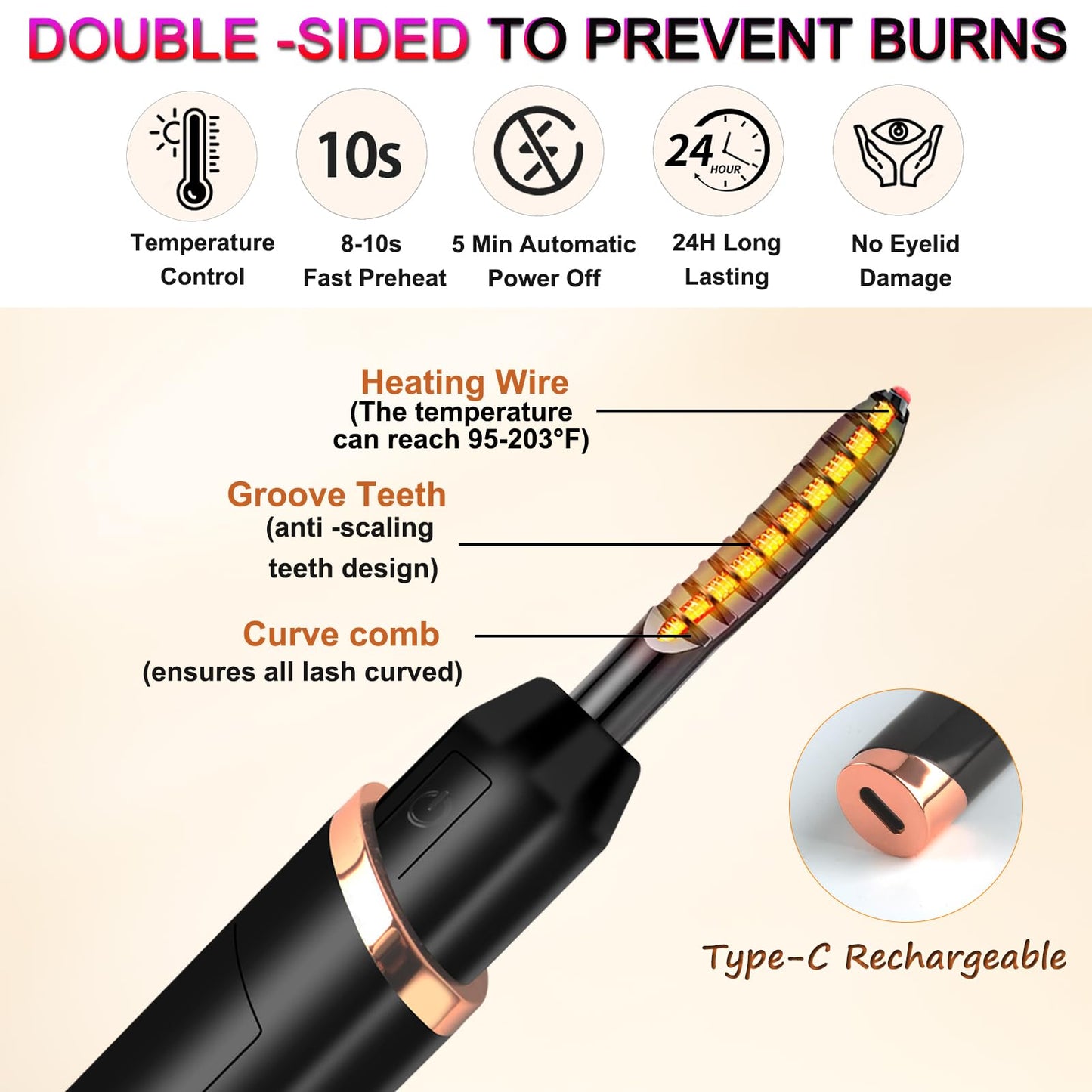 Heated Eyelash Curler-4 Temp Modes 65°-95°C LED Display, Electric Eye Lash Curler for 24H Long Lasting, Type-C Rechargeable Heated Lash Curler for Natural Thick Lashes, Makeup Gift,Matte Black-1
