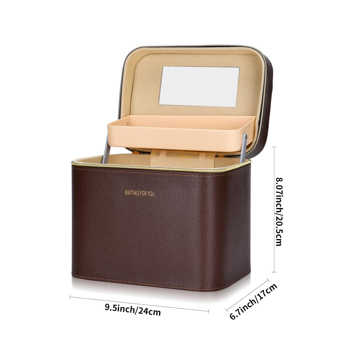 Sluxa Luxury brown makeup box, Portable leather hard cosmetic case with mirror, Sturdy train case make up box for women adults. (Double-layer-Brown)