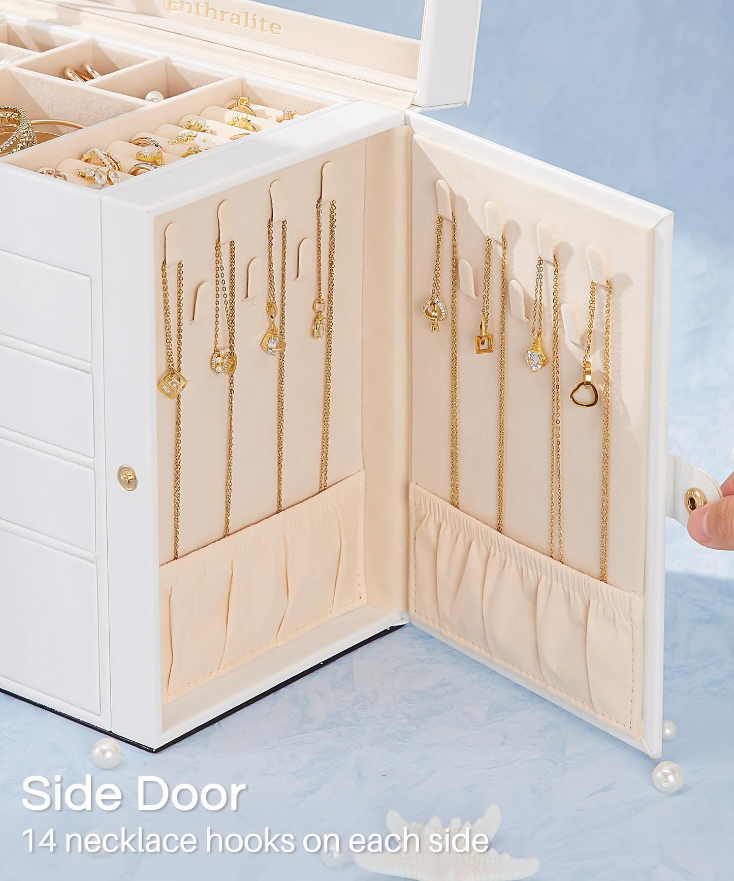 Enthralite Jewelry Box with 4 Drawers : Jewelry Display Organizer for Earrings Necklaces - Gift for Girls Women | White