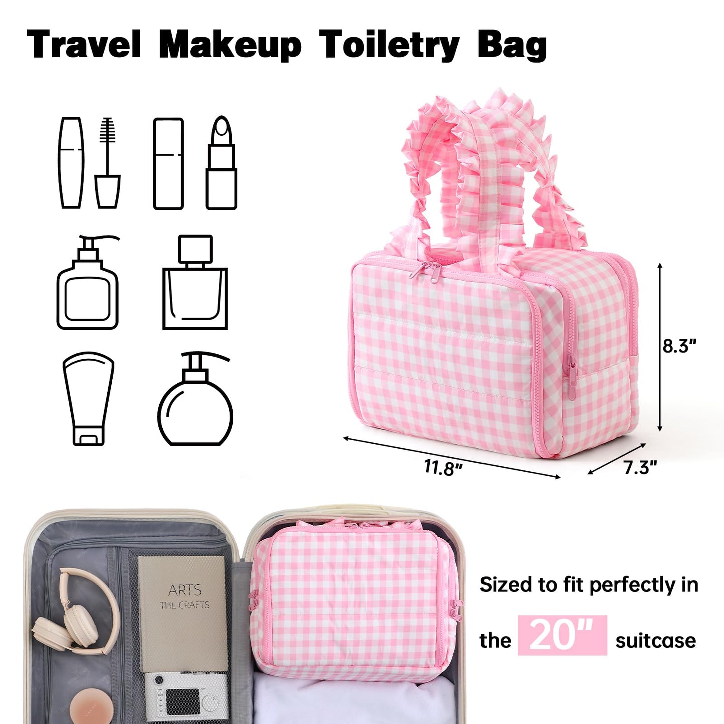 THOVSMOON Travel Toiletry Bag for Women,Water-resistant Large Gingham Makeup Cosmetic Organizer with Ruffles Handle for Traveling, Toiletries, Cosmetic, Essentials Accessories(Pink Gingham)