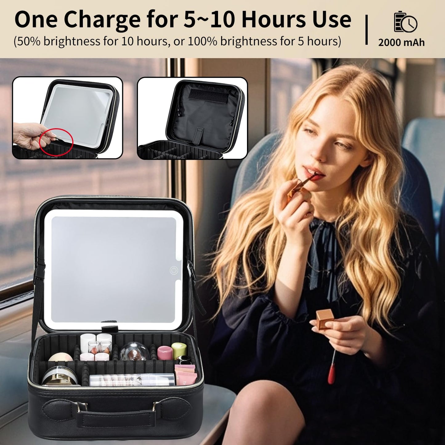 Faquenc Makeup Bag with LED Lighted Mirror 10.2-in Travel Makeup Bag Train Case Adjustable Brightness in 3 Colors Cosmetic Organizer Case Artist Storage Bag with Dividers Brush Holder Bag Vanity Black
