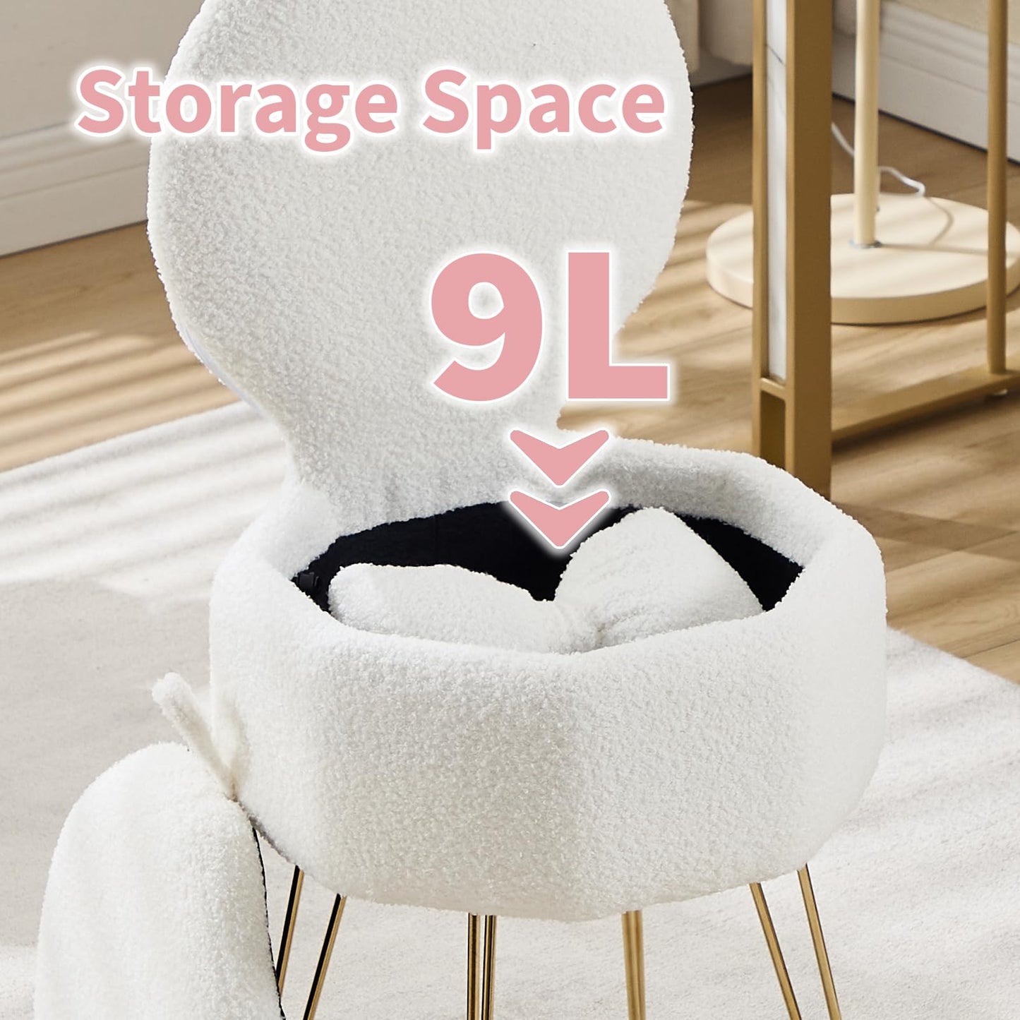 Garvee Vanity Stool Chair with Pillow & Foldable Backrest, Sherpa Fleece Vanity Chair with Stroage Space & Metal Legs, Soft Storage Ottoman, Modern Accent Chair for Makeup Bedroom Living Room, White