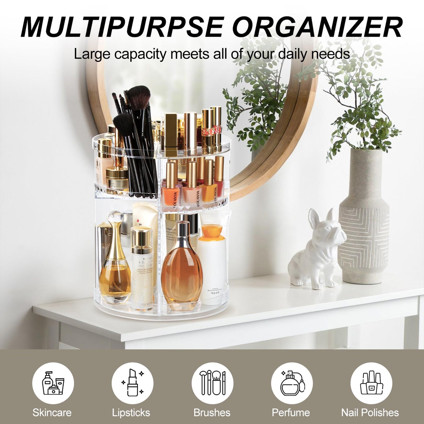 AMEITECH Rotating Makeup Organizer, 360 Spinning Skincare Organizers, 8 Adjustable Layer Cosmetic Storage Case with Brush Holder Perfume Tray for Vanity Bathroom Countertop - Large