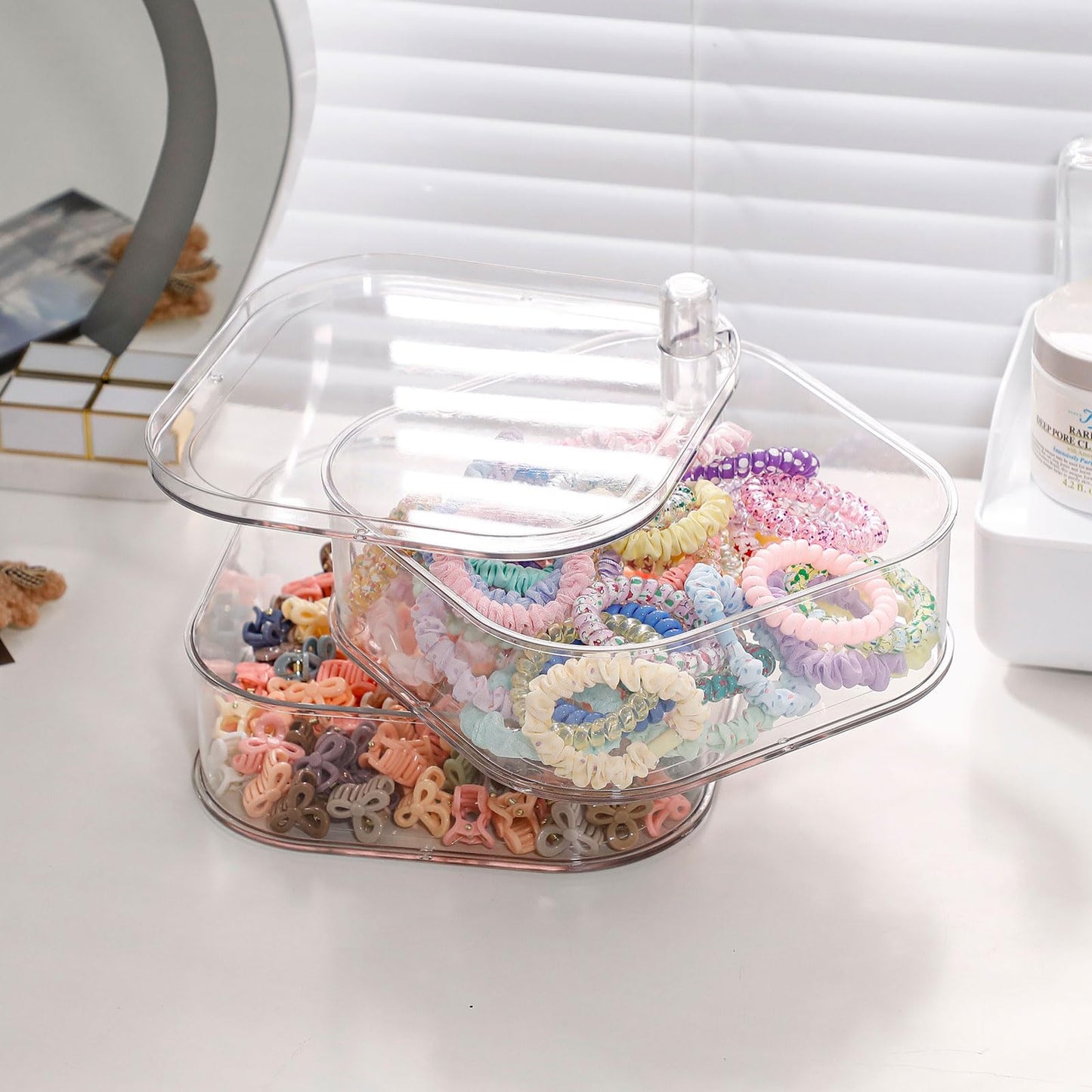 FABROK 2-Layer Girls Hair Accessories Organizer, Large Rotating Vanity Storage Container for Headbands, Scrunchies, Clips, Plastic Women Hair Ties Holder, Makeup Brush Box