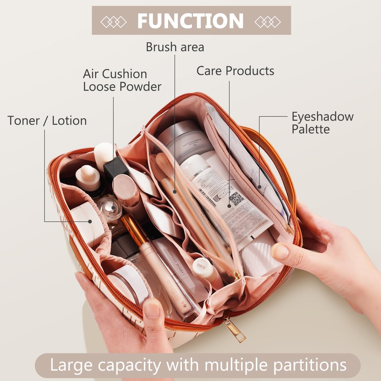 Cozomga PU Leather Travel Makeup Bag for Women, Large Capacity Cosmetic Organizer, Structured Waterproof Travel Toiletry Bag, Portable Handheld Makeup Pouch for Home & Travel (Medium)