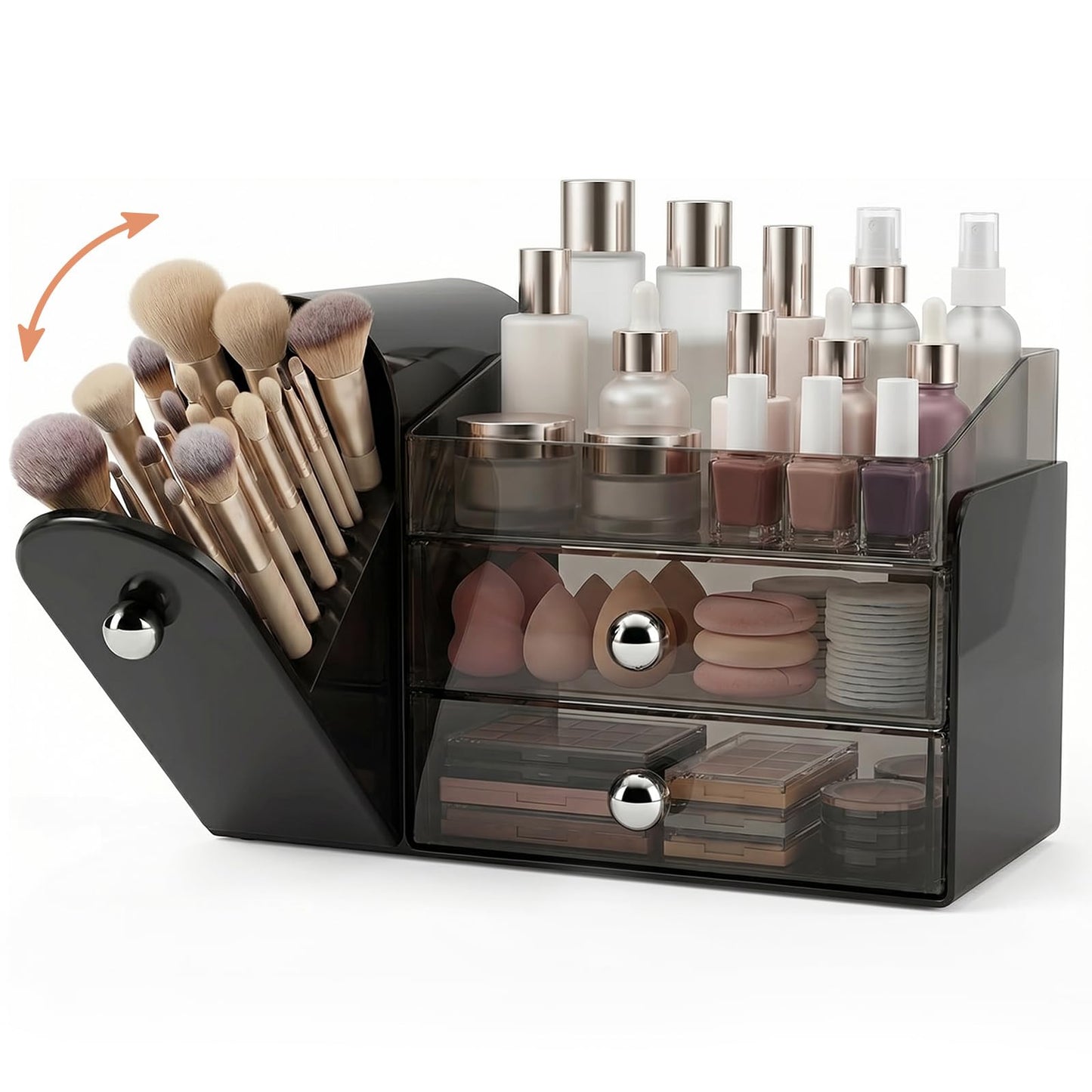 Makeup Organizer with Dustproof Brush Holder, Large Capacity Skincare & Cosmetic Storage for Vanity, 3-Tier Bathroom Countertop Organizer with Drawers for Perfume, Lipstick, Mask, Ideal Gift (Black)