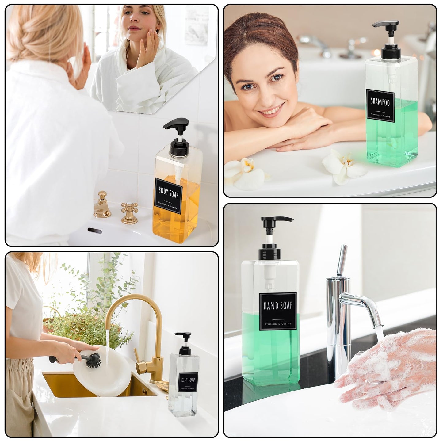 Segbeauty 33.8oz Plastic Soap Dispenser Bathroom, 2pcs Large Capacity Shampoo and Conditioner Dispenser, Square 1000ml Hand Soap Bottle Refillable, Clear Empty Pump Bottles with Waterproof Labels
