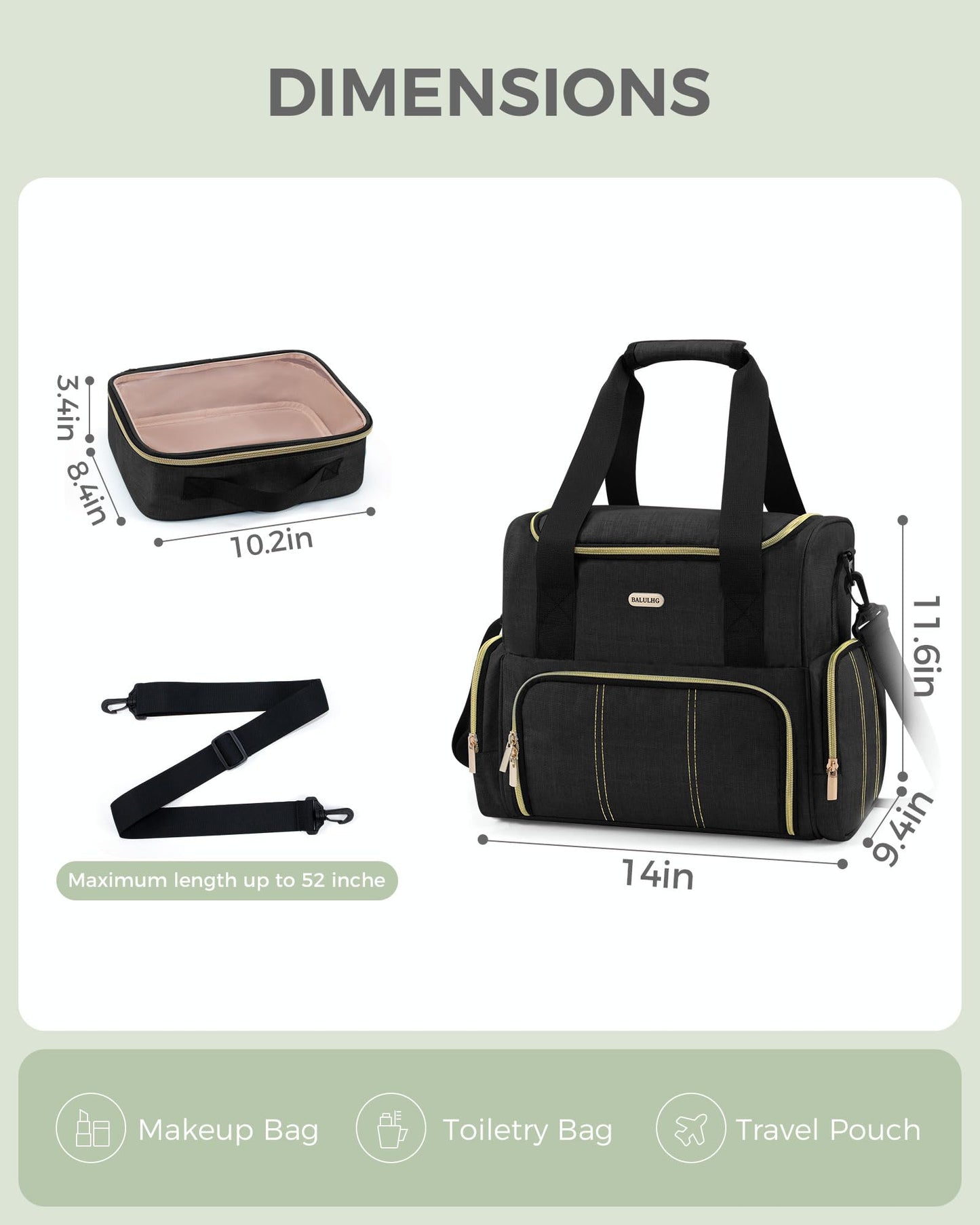 BALULHG Large Travel Makeup Bag with 2 Removable Cases, Cosmetic Bag with Multiple Storage Sections, with Multiple Storage Sections,Double Layer Big Travel Make Up Organizer Case,Travel Toiletry Bag