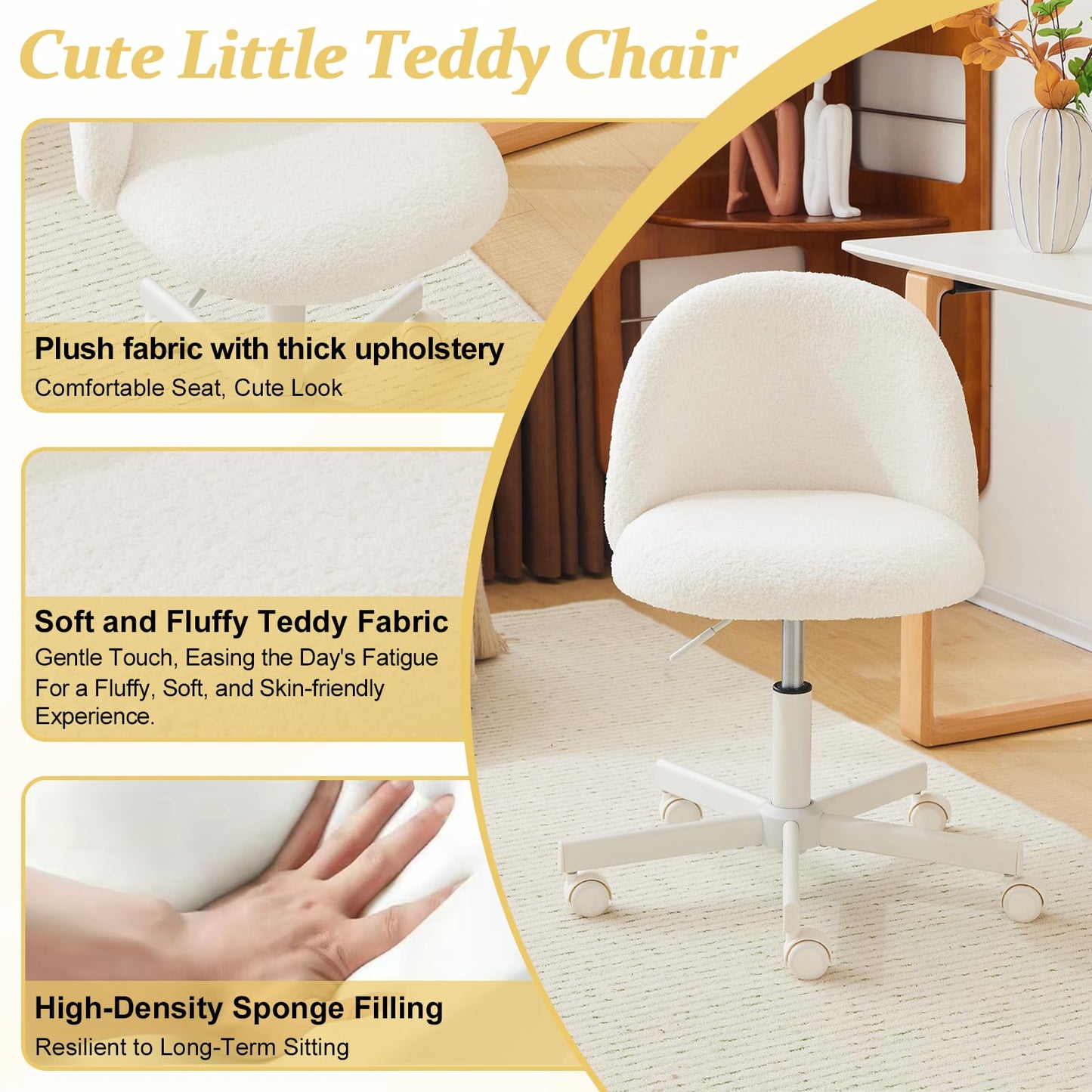 VINGLI Modern Vanity Chair with Back, Velvet Desk Chair for Girls, Small Office Chair with Silent Wheels， Stylish and Comfortable, White