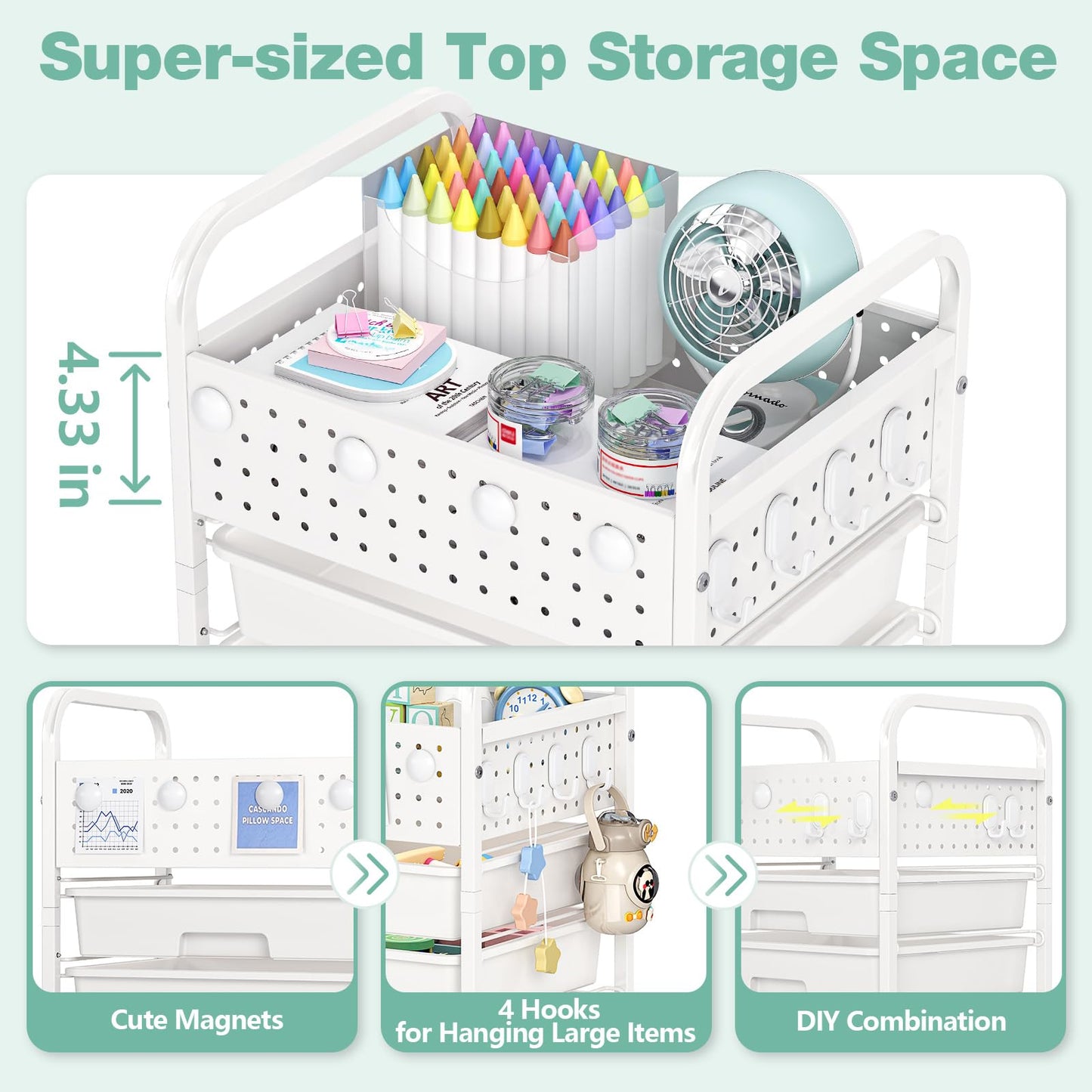 5 Drawer Rolling Storage Cart with Pegboard Top and Hooks, Mobile Utility Organizer with Wheels for Office Supplies, Craft Storage, Classroom Organization, Home Storage Cart, White