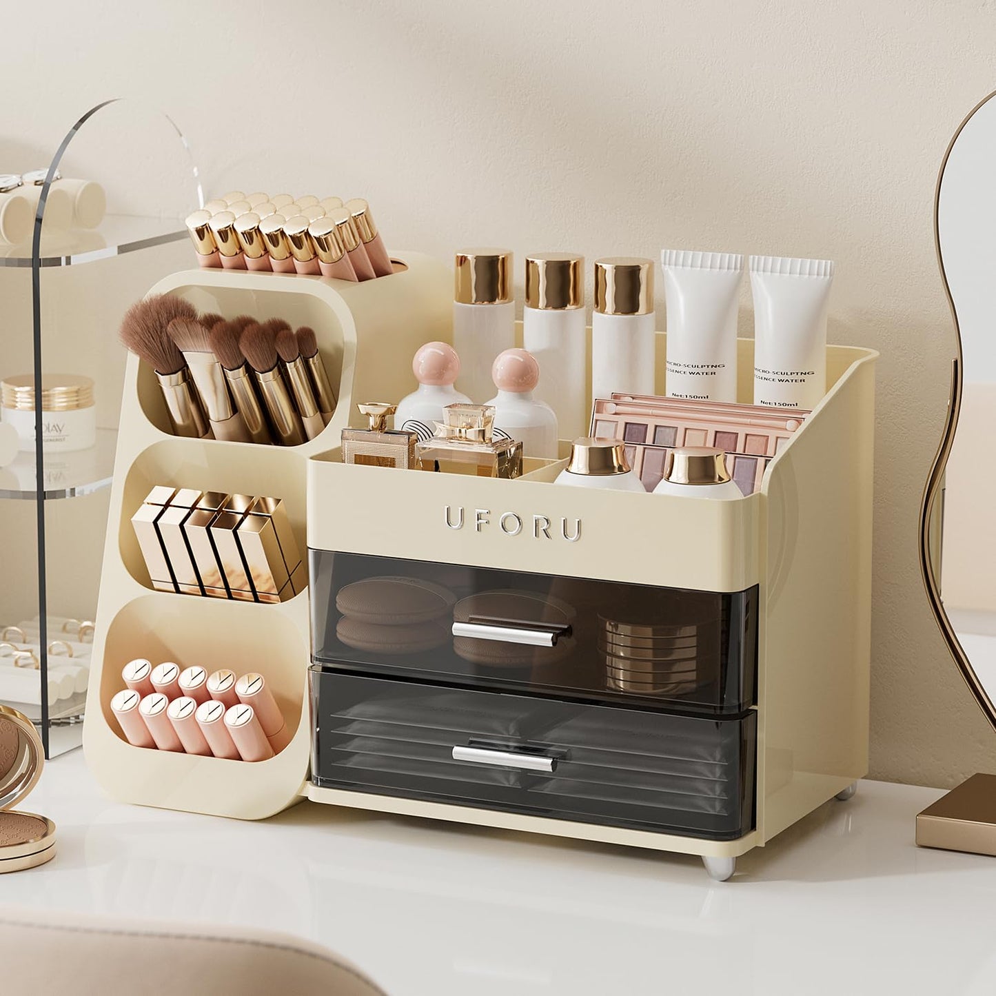 UFORU Makeup Organizer for Vanity with Brush Holder, Large Capacity Bathroom Countertop Skincare Organizer with 2 Drawers, Cosmetic Display Case for Perfumes, Eyeshadow Palettes, Nail Polishes