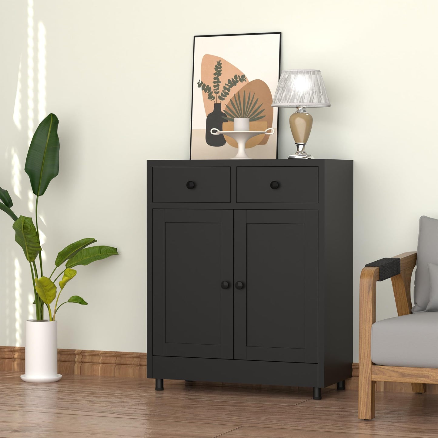 JINKUR Metal Storage Cabinet with 2 Drawers and Adjustable Shelf, Sideboard Buffet Cabinet for Home, Office, Hallway, Entryway, Living Room, Kitchen Pantry and Dining Room (Black)