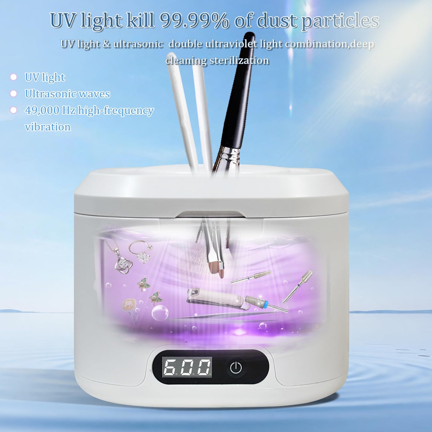 2-in-1 Nail Tools Cleaner Machine with 4 Timers Mode, 49kHz High-Frequency Vibration Ultrasonic, for Nail Drill Bits/Brushes/Nail Clippers/Jewelry, etc. Professional Salon & Home Kit, 5 Years Warranty