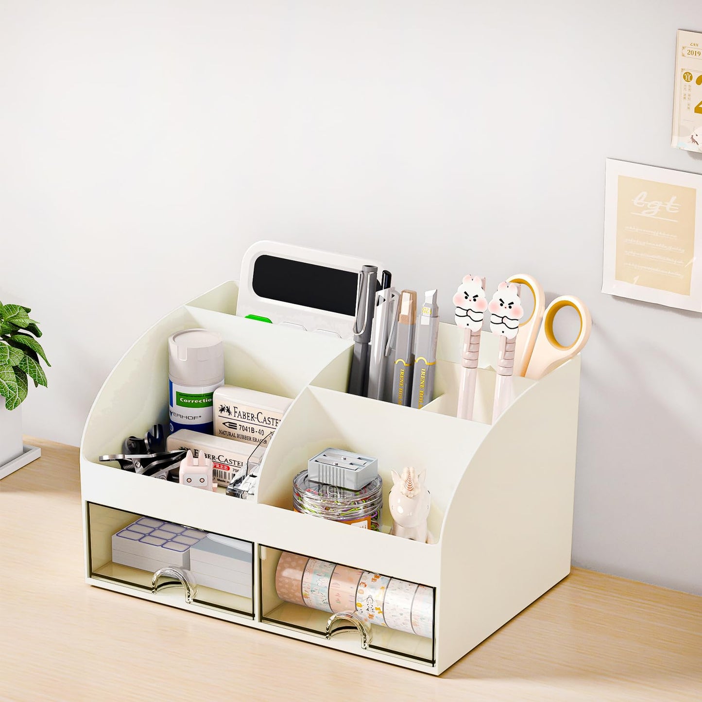 COMFYROOM Desk Organizer with 6 Compartments and 2 Drawers, Plastic Makeup Organizer, Pen Holder for Desktop Storage, Desk Organization for School, Home, Office Supplies (Ivory)