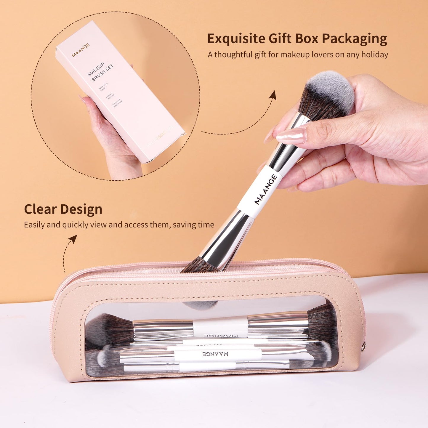 MAANGE Makeup Brush Set 23-In-12 Pcs Essential Foundation Makeup Brushes for Powder Concealers Eye Shadows Blush Make Up Brushes with Travel Makeup Case - Silver