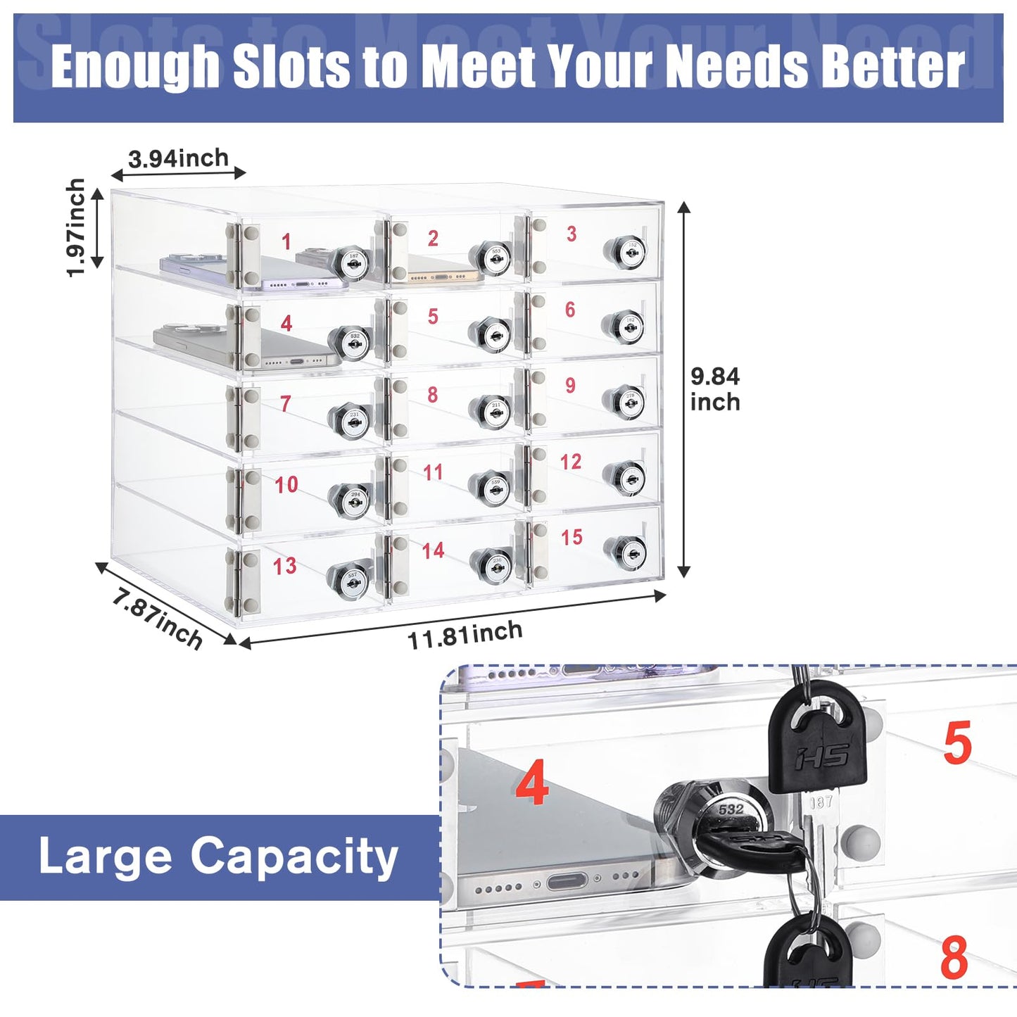 Layhit Clear 15 Slots Cell Phone Locker Box for Classroom Clear Acrylic Cell Phone Storage Cabinet Bin with Door Locks for Classroom School Students Office Factory Employees