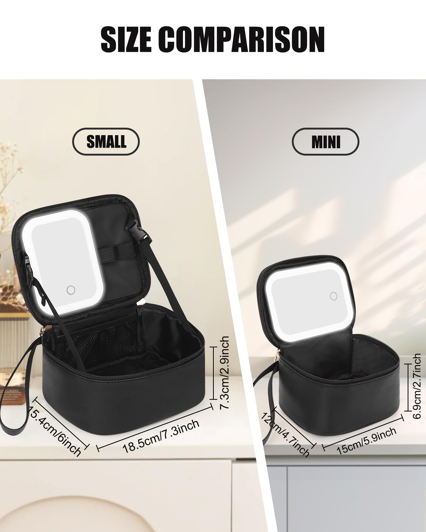 Relavel Small Makeup Bag with Led Mirror, Travel Cosmetic Case with 3 Light Modes and Adjustable Brightness, Foldable Makeup Pouch with Toiletries for Daily Use丨Work Touch-Ups丨Camping - Black