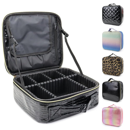 MORMID Travel Makeup Case 4 Layers Portable Makeup Train Case Cosmetic Bag Organizer Storage for Women with Adjustable Dividers and Shoulder Strap for Toiletry Travel Accessories(black)