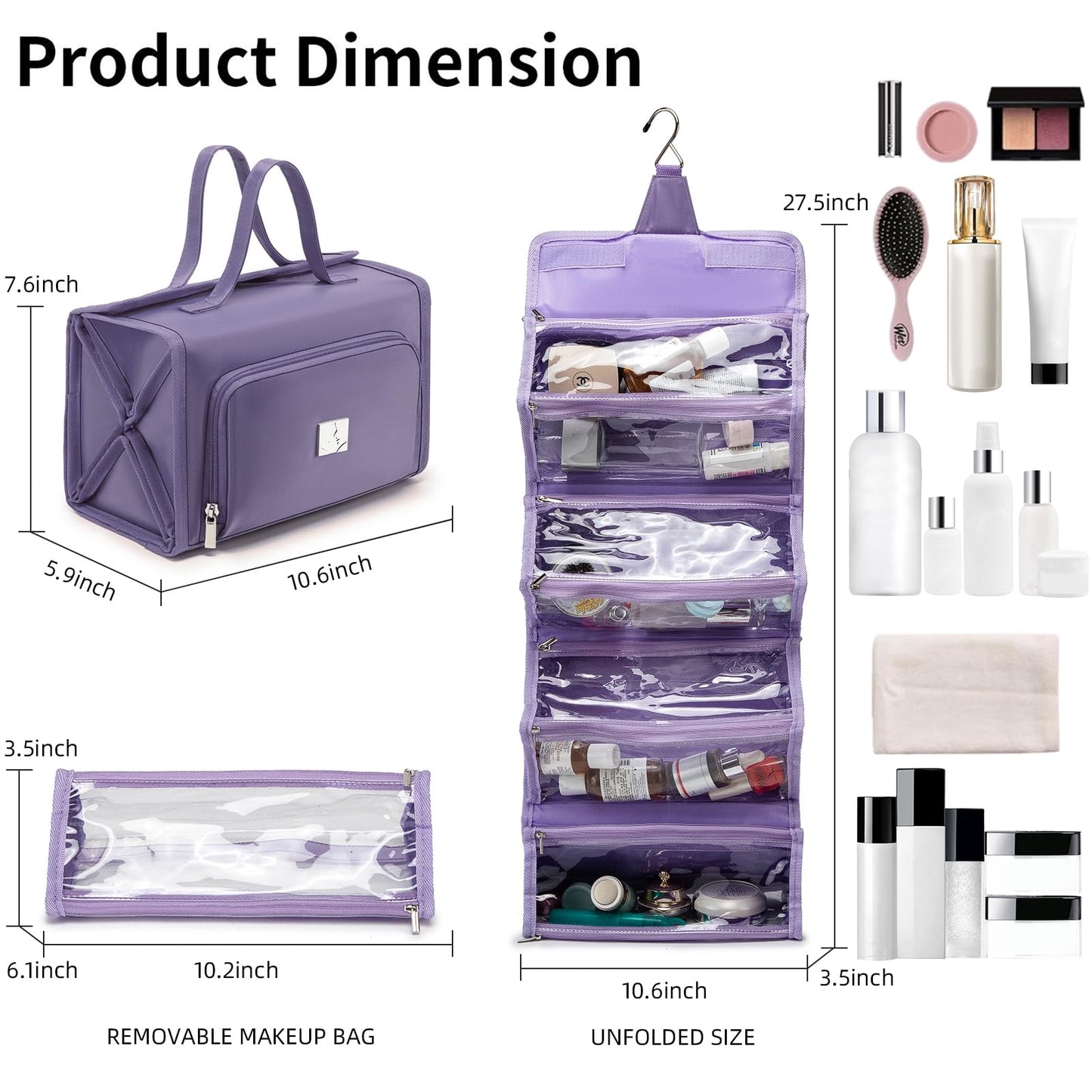 ROYALFAIR Roll Up Makeup Bag, Waterproof Toiletry Bag for Women, Hanging Travel Organizer bags with Jewelry Organizer Compartment, Extra Large 4 Clear TSA Approved Pouches Cosmetic Makeup (violet)