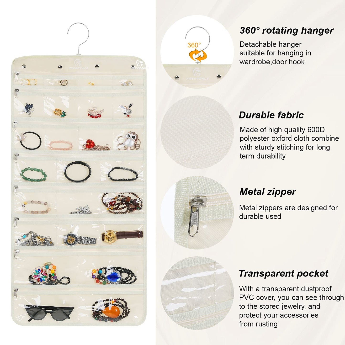 Freegrace Hanging Jewelry Organizer Revolving Hanger - Secure Zipper Closure - 25 Pockets,23 Hooks - Foldable Storage & Display Solution - For All Jewelry & Bijoux (Beige)