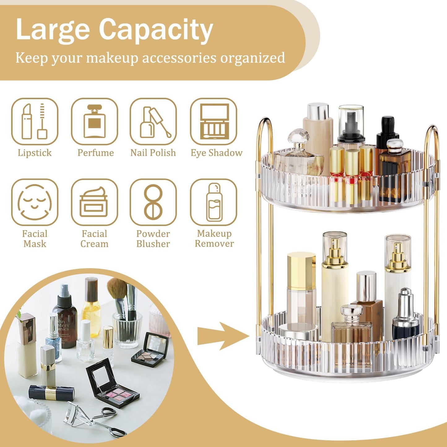 MOKANI 360 Rotating Makeup Organizer for Vanity, 2 Tier Adjustable Perfume Organizer for Dresser, Multi-Function Spinning Cosmetics Skincare Storage for Bedroom, Dresser, Countertop, Clear