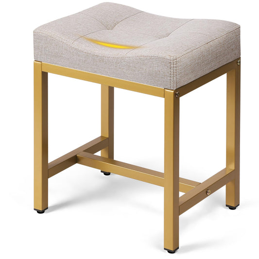 FLYZC Saddle Seat Vanity Stool, Makeup Stool Chair with Metal Leg, U-Shaped Ottoman Foot Rest, Small Square Chairs Under Desk for Vanity, Living Room, Modern Makeup Bench Linen Light Brown&Gold