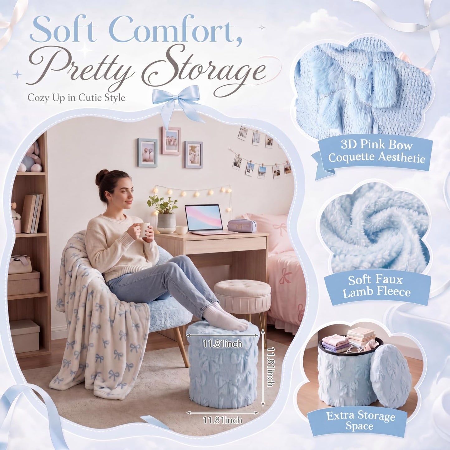 RattanView Storage Ottoman Dorm 12 Inch Blue Bow Round Ottoman Dorm Back to School Coquette Foldable Foot Rest Stool with Lid for College Dormitory Bedroom Office