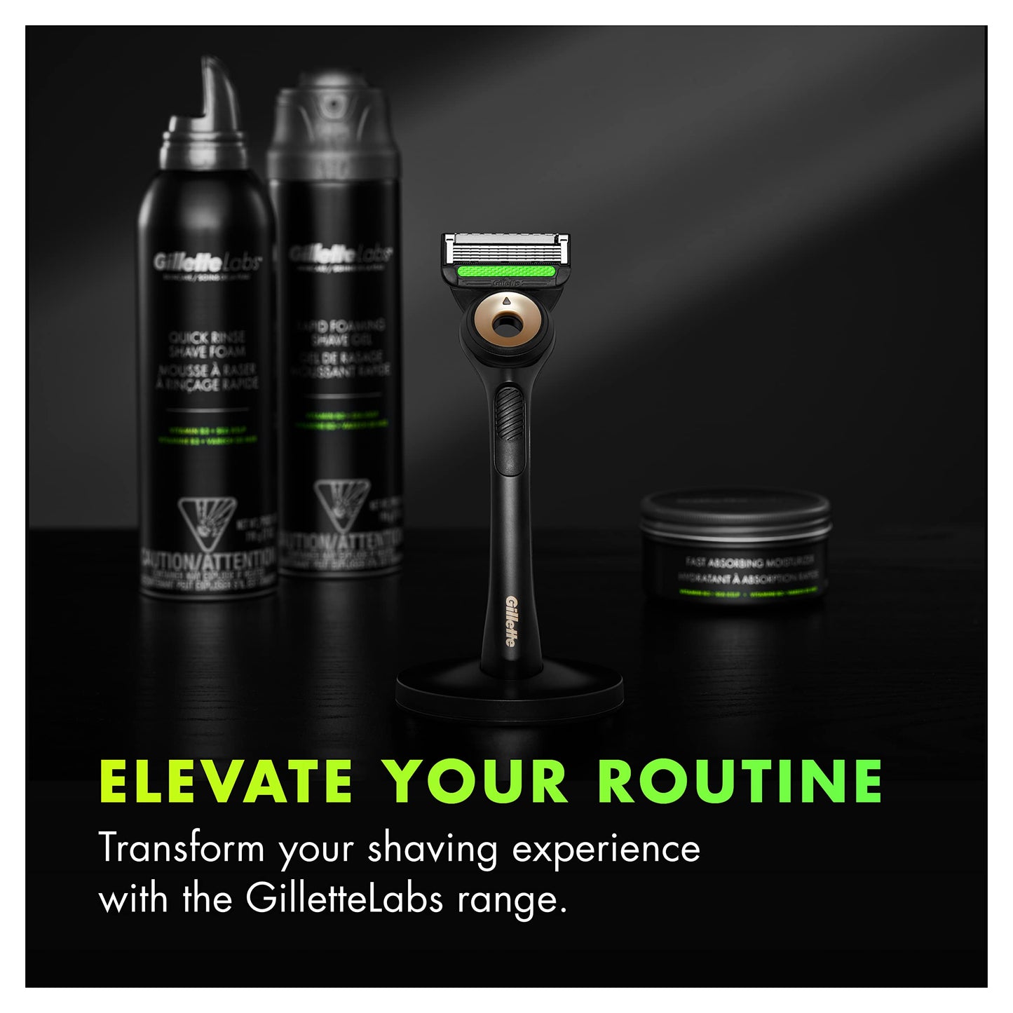 Gillette Labs Men's Razor, Shaving Kit Includes 1 Handle, 2 Blade Refills, 1 Premium Magnetic Stand, Black and Gold