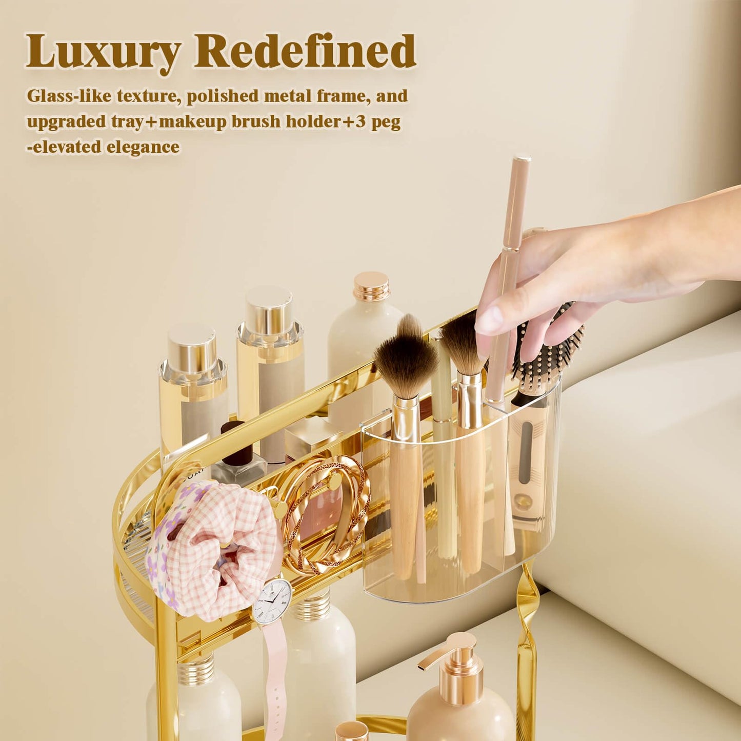 DUANFEE 360° Rotating Makeup Organizer for Vanity, 2-Tier Gold Bathroom Organizer Countertop with Makeup Brush Holder & Jewelry Hooks, Spinning Bathroom Counter Organizer for Perfume Skincare Dresser
