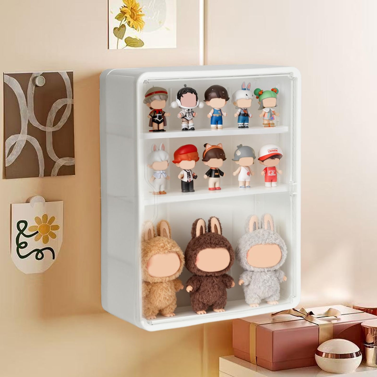4-Tiers Clear Display Case for Figures, Wall-Mounted Display Box with Adjustable Shelves, Dustproof Display Cabinet Organizer for Mini Figures, Blind Box Toys and Collectibles (White)