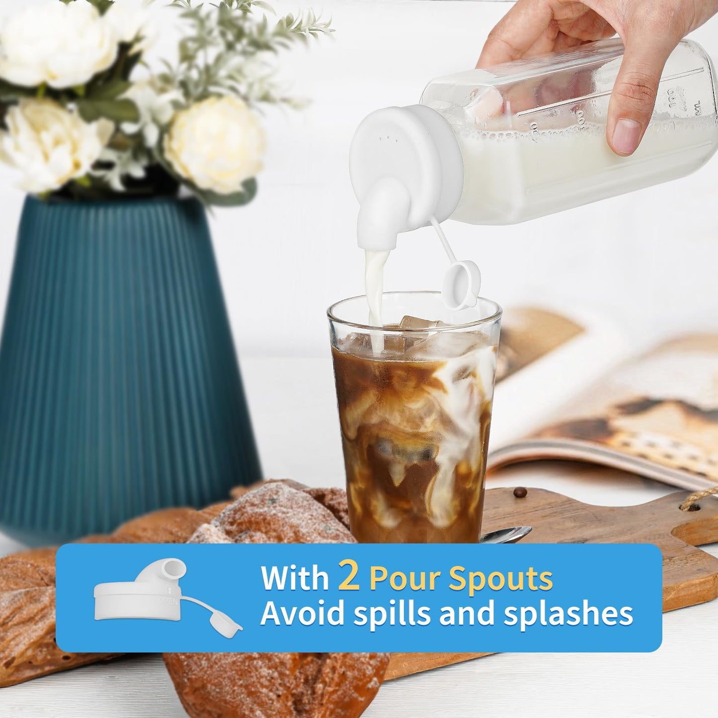 Syntic Glass Juice Bottles with Lids, 3 Pack Clear Glass Water Bottles w 2 Pour Spouts, 16 Oz Reusable Milk Jug w 100% Airtight Cap and Scale for Juicing Containers, Breast Milk Storage, Drinking Jar