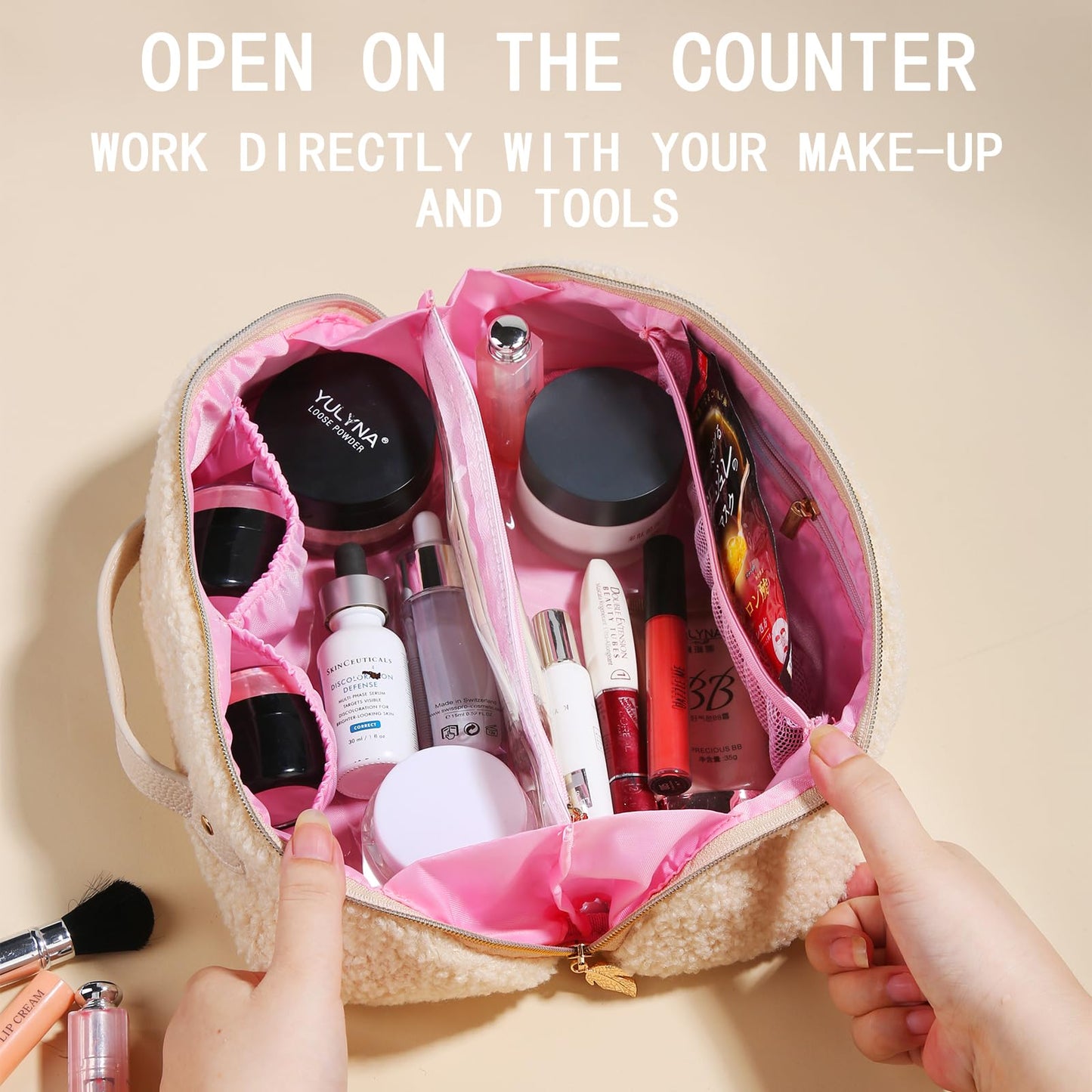 OpNelDum Makeup Bag - Large Capacity Travel Cosmetic Bag, Travel Toiletry Bag Cute Plush Makeup Pouch with Handle and Divider Flat Lay Portable Makeup Case Organizer for Women (White)