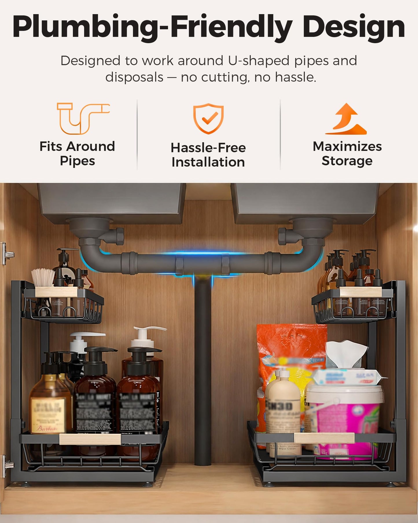 Sevenblue 2 Packs Under Sink Organizer, Height Adjustable 2 Tier Under Kitchen Sink Organizer, Multi-Purpose Storage Shelf for Kitchen Bathroom Cabinet (Black, Large)