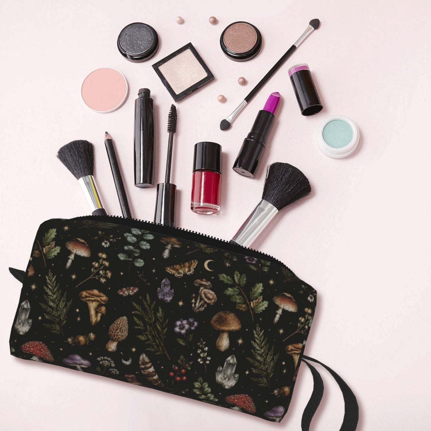 OLUSENMO Dark Gothic Forest Botanical Makeup Bag for Women, Mushroom Small Travel Cosmetic Pouch with Zipper, Compact Makeup Organizer Bag for Purse, Toiletries, Skincare & Daily Essentials