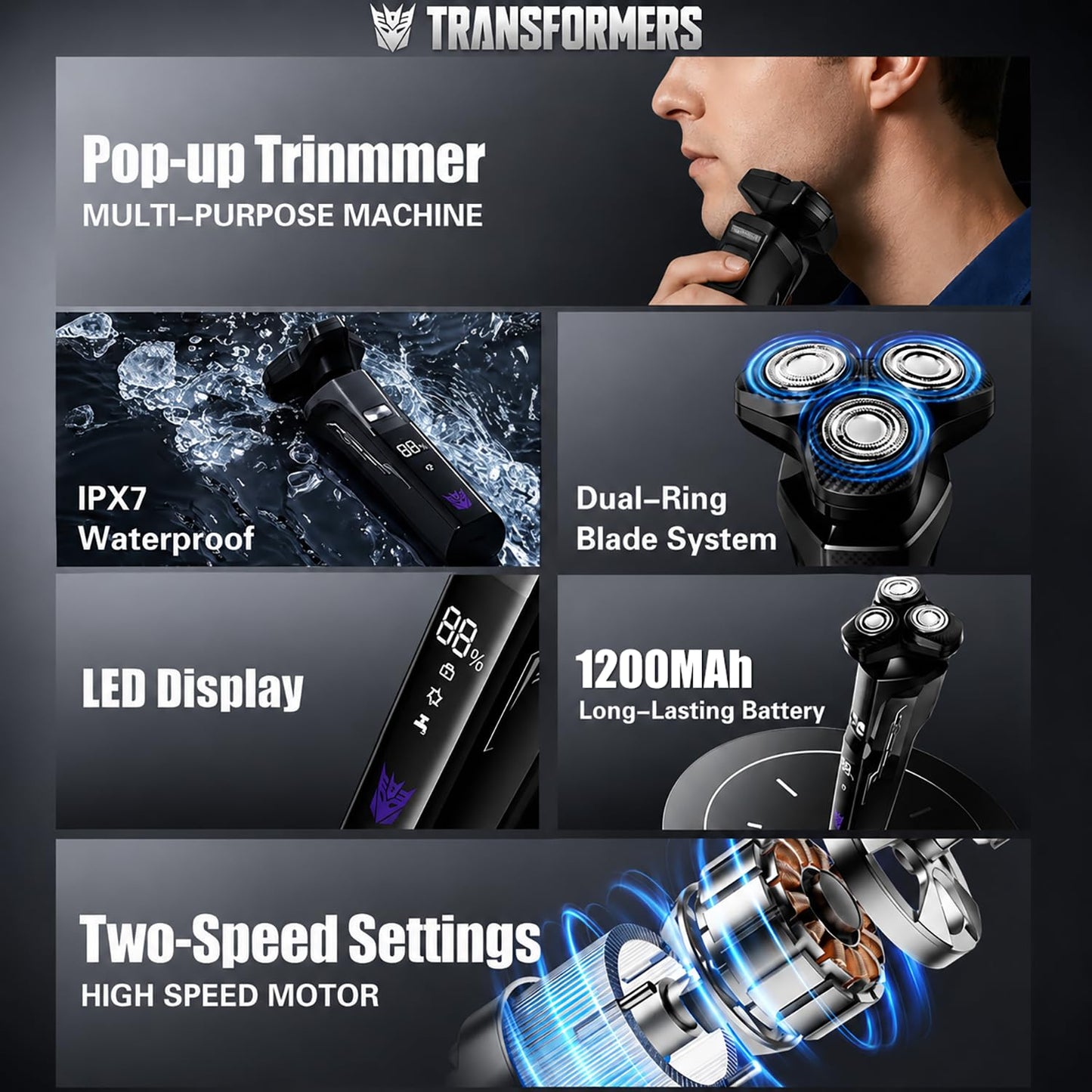 TRANSFORMERS Electric Razor for Men, 3D Rotary Shaver for Sensitive Skin with Pop-up Trimmer, IPX7 Waterproof, Wet & Dry USB-C Fast Charging Shaver with LED Display & Travel Lock – Gifts for Men