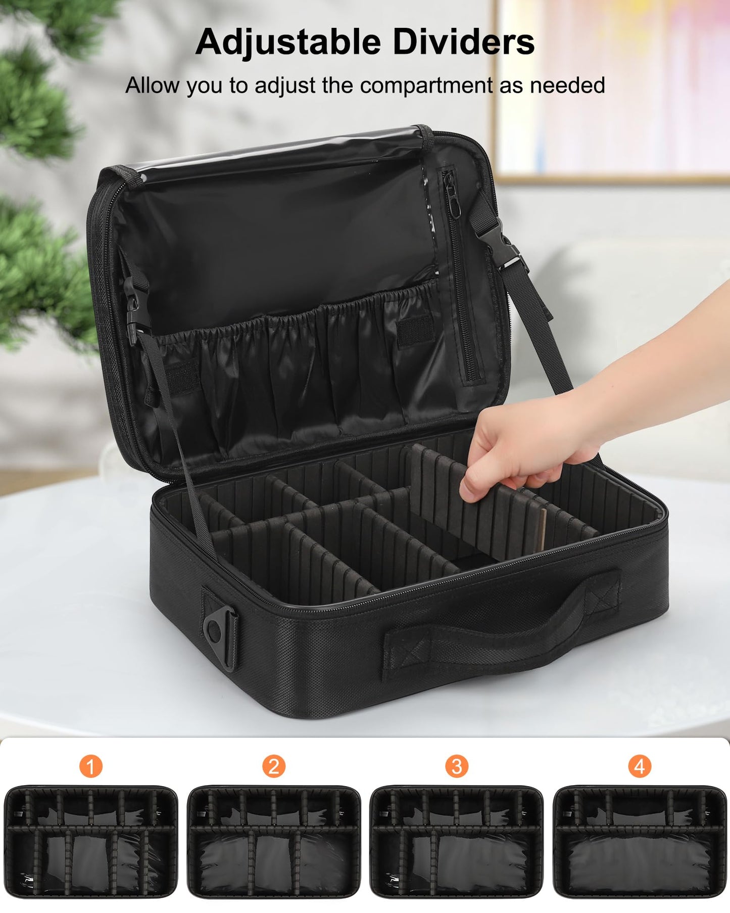 Relavel Makeup Bag Travel Makeup Train Case Large Cosmetic Case Professional Portable Makeup Brush Holder Organizer and Storage with Adjustable Dividers and Shoulder Strap Black