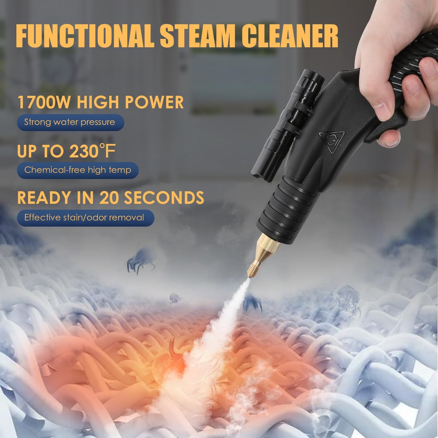 Hapyvergo 1700W Pressurized Steam Cleaner,Heavy Duty Portable Steamer for Car Detailing, High Temp, Home Use, Floor, Upholstery, Grout 110V with 12 pcs Accessories