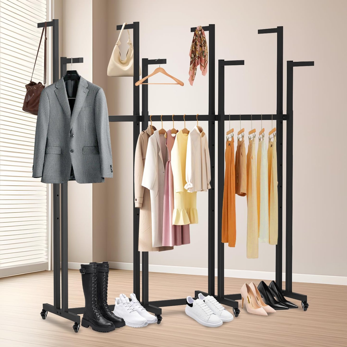 jvsufuik 8 Arm Retail Clothing Rack, Metal Clothing Display Rack for Hanging Clothes, Adjustable Height Shirt Clothes Display Stand Garment Rack with Wheels for Boutiques, Black