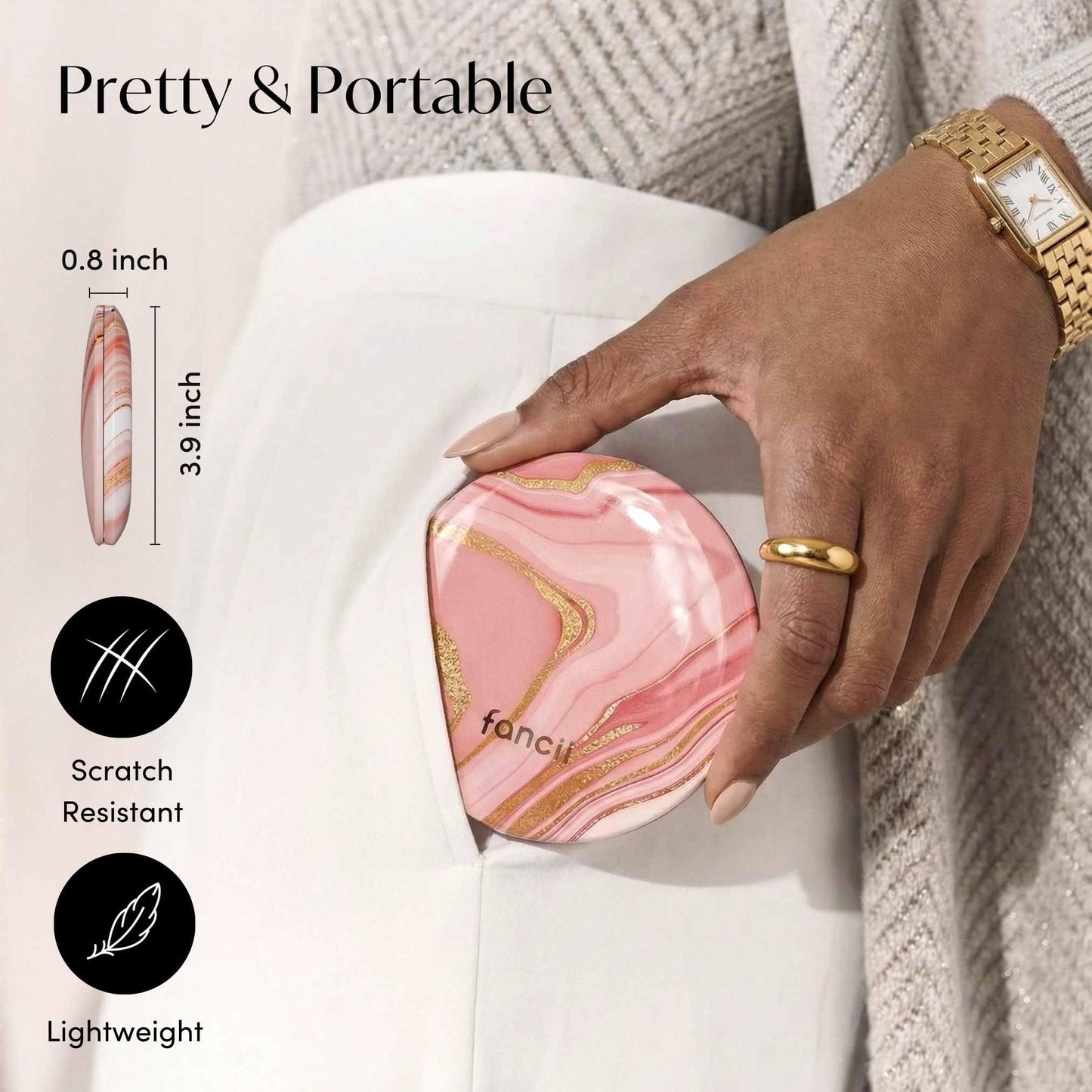 Fancii Mini Taylor Compact Magnifying Mirror with LED Light, 10x/1x, Rechargeable, 3 Light Settings, Dimmable - Small Lighted Travel Handheld Mirror for Pocket, Handbag, Purse, 2-Sided (Marble Rose)