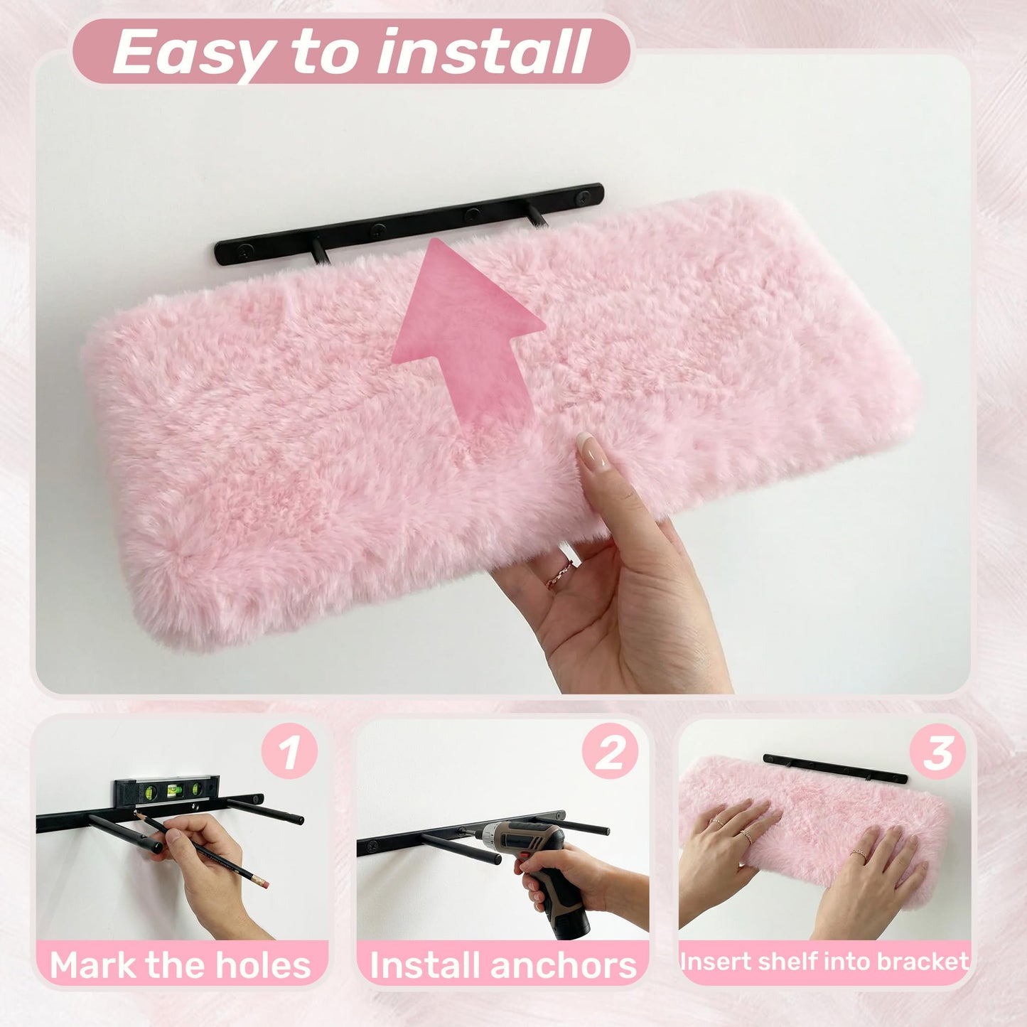 Furry Floating Shelves for Wall,2 Pack Wood Shelf with Plush Soft Shag Cover, Wall Mounted Shelves for Bedroom, Living Room, Suitable for Storing Valuable Collectibles, High Heels, Bags, Jewelry, Pink