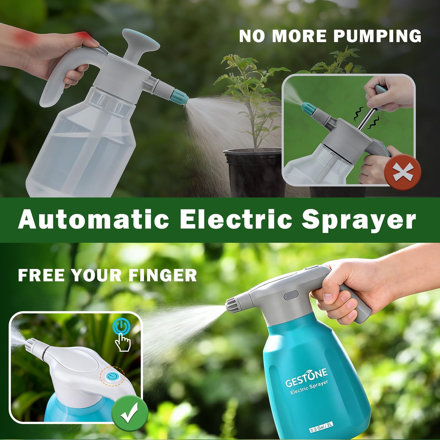 GESTONE Electric Spray Bottle 2L/0.5 Gallon Plant Mister, Automatic Watering Can Rechargeable Battery Powered Garden Sprayer with Adjustable Nozzle for Plants Fertilizing,Weeding and Cleaning