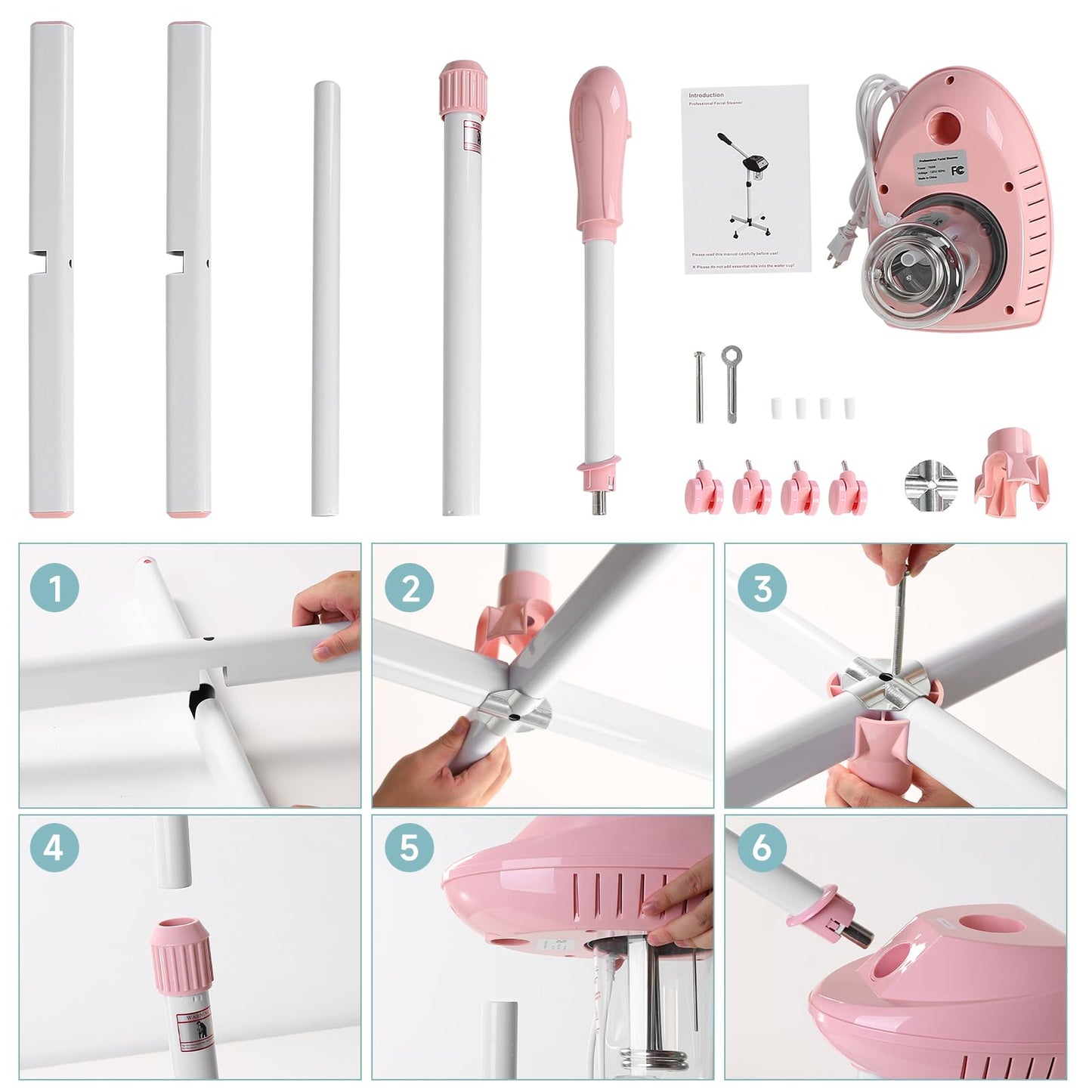Professional Facial Steamer, Face Steam on Wheels, Estheticians Steamer with More Steam for Moisturizing and Hydration, Adjustable Height and Angle for Spa Beauty, Home Use, Pink
