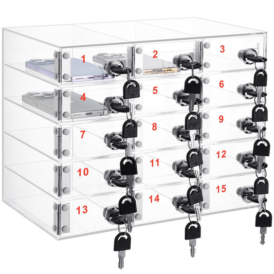 Layhit Clear 15 Slots Cell Phone Locker Box for Classroom Clear Acrylic Cell Phone Storage Cabinet Bin with Door Locks for Classroom School Students Office Factory Employees
