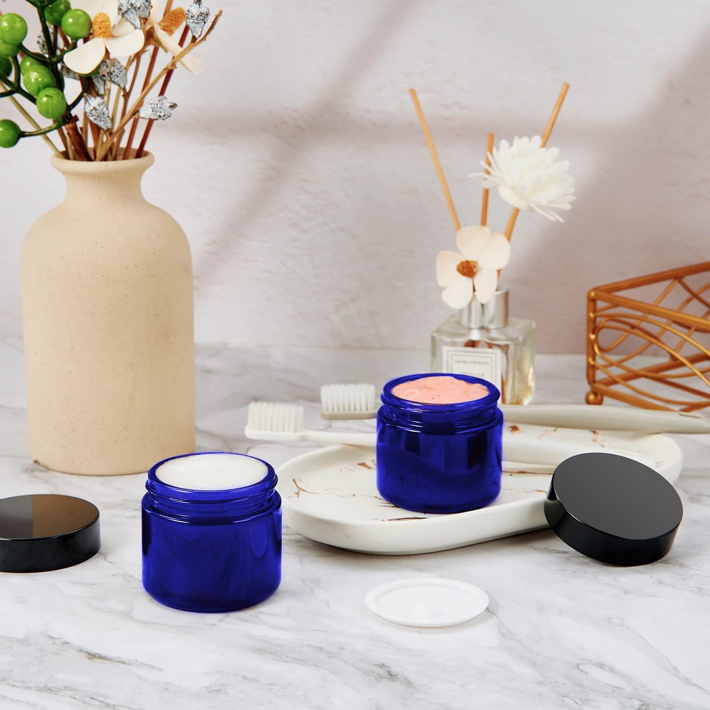 IRON BILL 1 Oz Blue Round Glass Jars with Inner Liners and Black Lids(12PCS) Empty Cream Containers Refillable Cosmetic Vials for Cosmetics, Lotions, Ointment, Body Scrubs & Balms