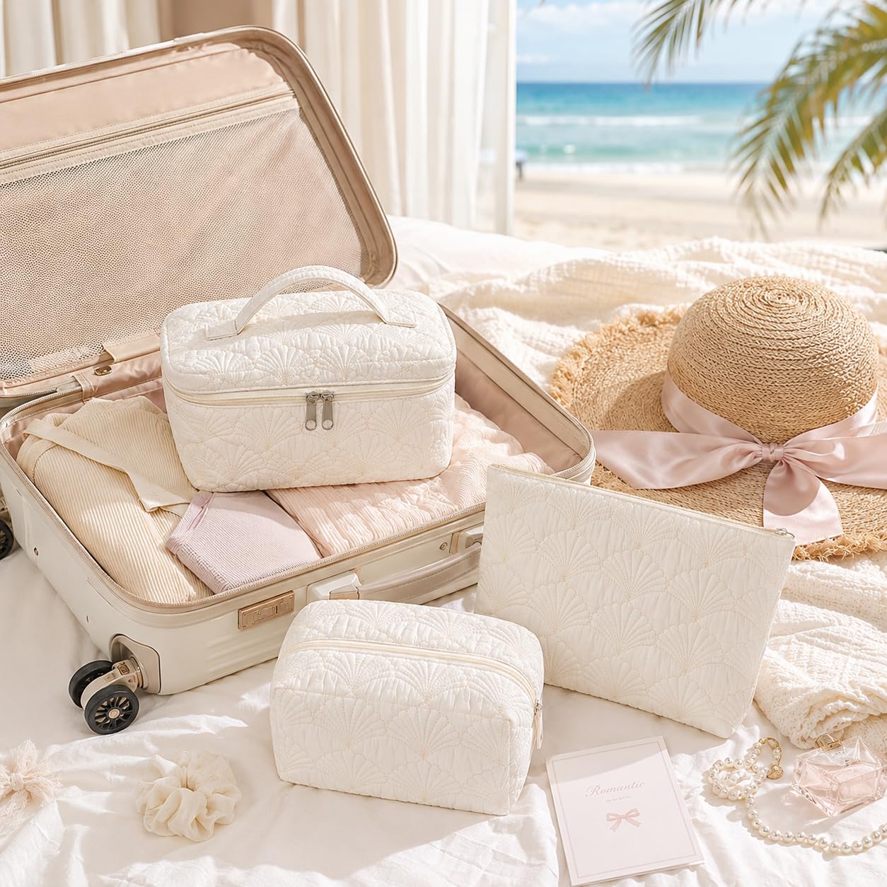 A Lots MiLi 3 Pcs White Shell Quilted Makeup Bag Set - Coquette Cotton Cosmetic Bags for Women, Coastal Makeup Pouch, Large Travel Toiletry Bag for Makeup, Skincare and Purse Essentials