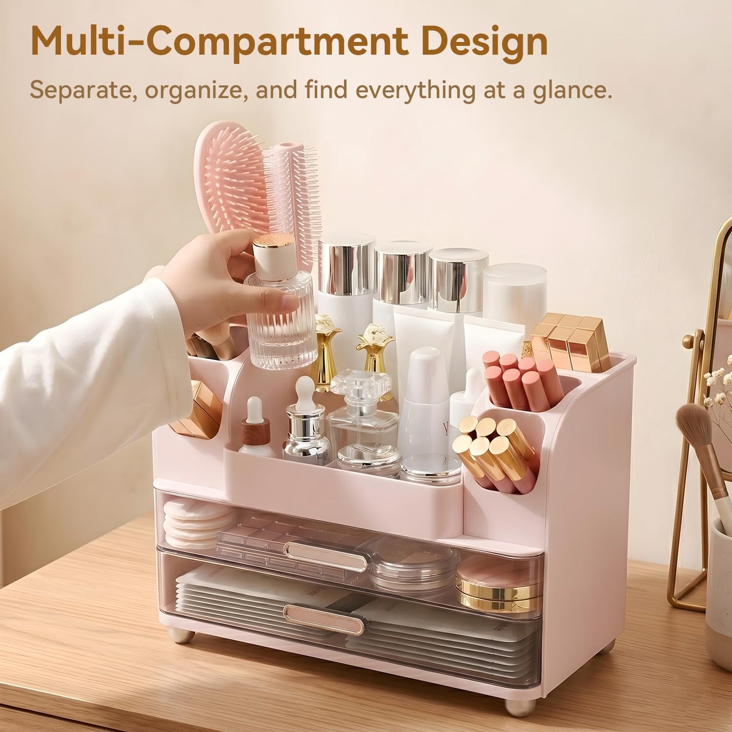 Brothersbox Makeup Organizer for Vanity with 2 Large Drawers and 6 Brush Holders, Large Bathroom Countertop Cosmetic Storage for Skincare, Lipstick, Nail Polish, Perfume, Gift for Women, Pink