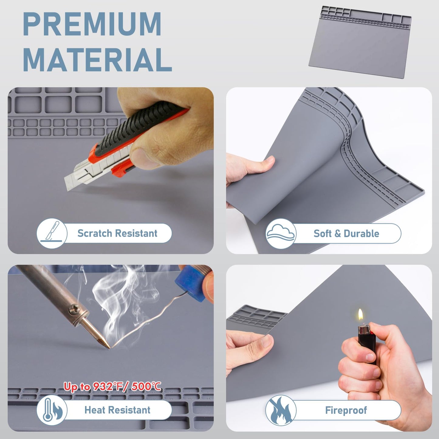 Heat Insulation Soldering Mat - Magnetic Silicone Work Mat, Silicone Soldering Mat for Soldering, Computer, Cell Phone, Watch Repair, BGA Soldering Gun Iron Workbench Protection (15.9''×11.9'') - Gray